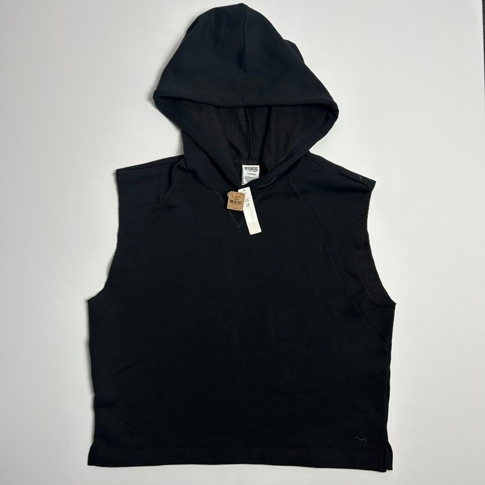 Pink Victoria's Secret Women Sleeveless Hoodie Black Crop L NWT Athleisure Gym